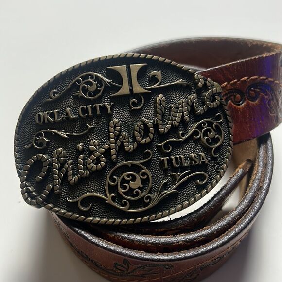 leather tooled belt with buckle hand stained latitan sz 36 western cowboy rodeo - Picture 3 of 11
